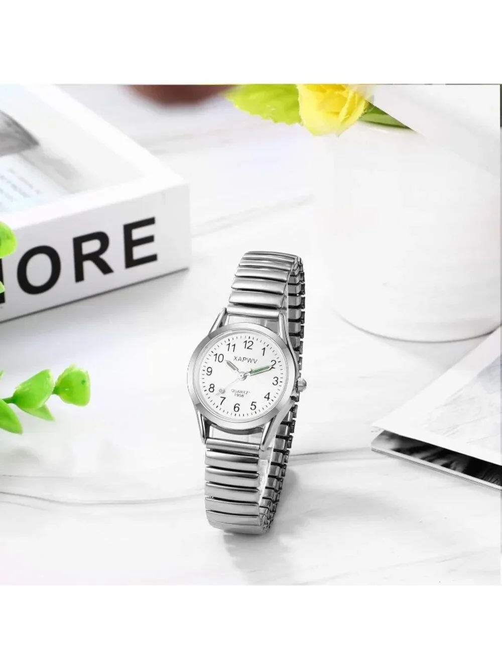 Women's Silver Analog Quartz Luminous Easy Reader Stretch Band Round Wrist Watch